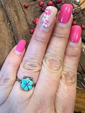 Zuni Dishta Navajo Ring Turquoise Inlay Flower Sterling Silver Floral Blue Green